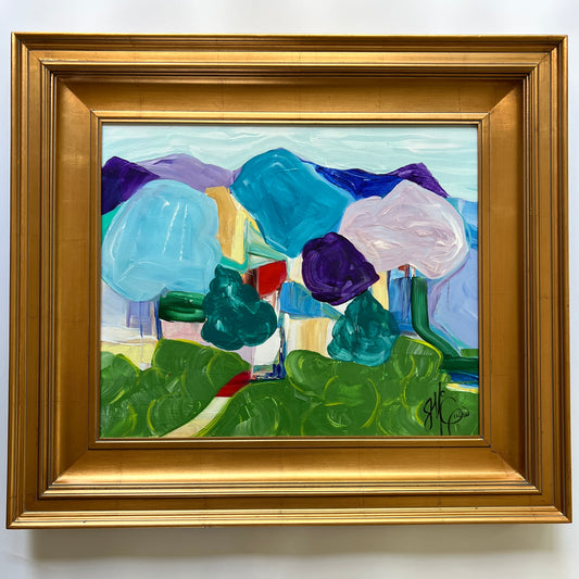 Large Lavender Haze Abstract Colorful Landscape Oil Painting in Gold Frame