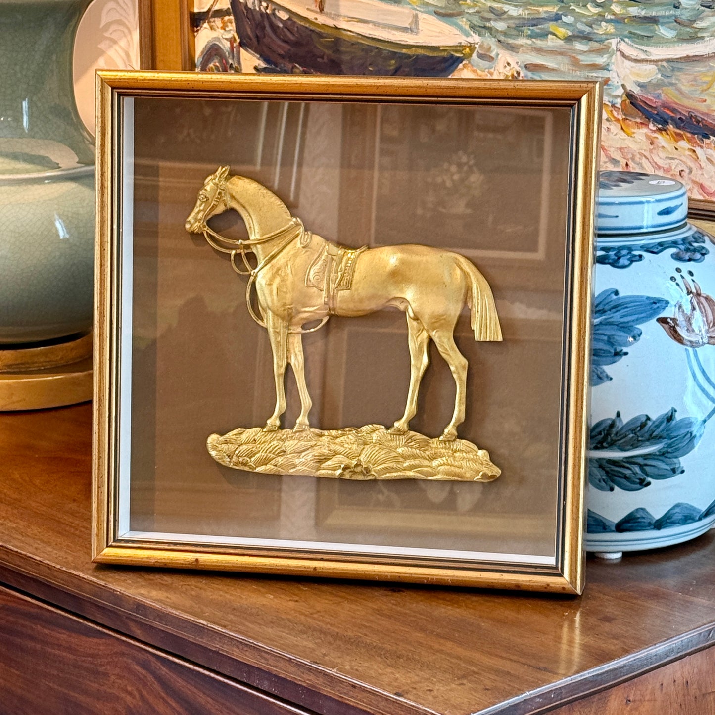 19th Century Antique English Gilt Bronze Ormolu Equine Horse Relief Portrait in Gold Shadowbox
