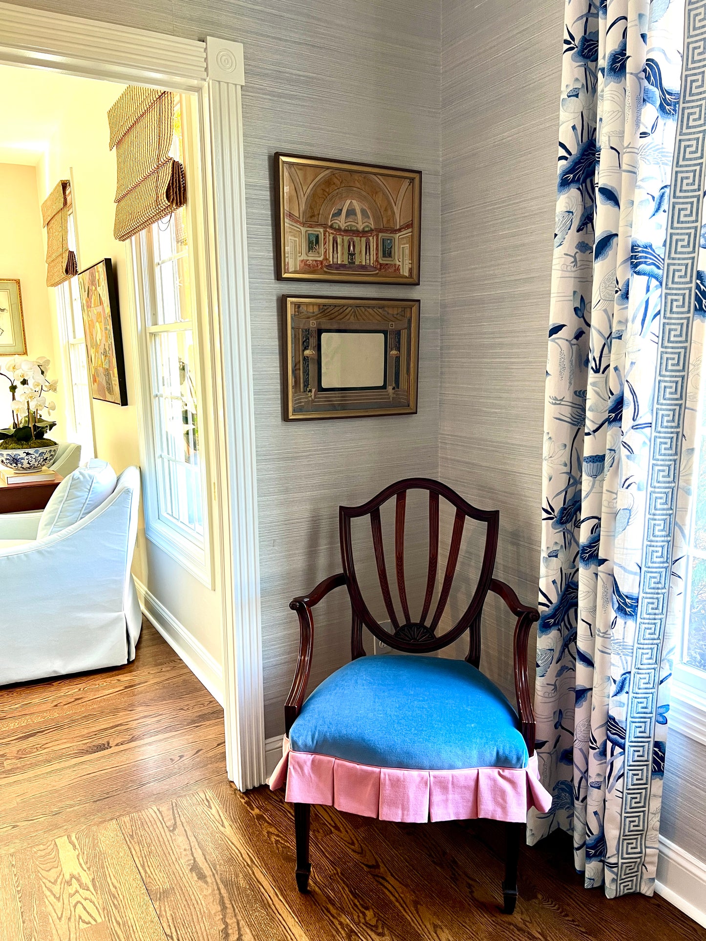 Pair of Two Antique Early 20th Century Interior Theater Set Gouache Paintings in Gold Frames