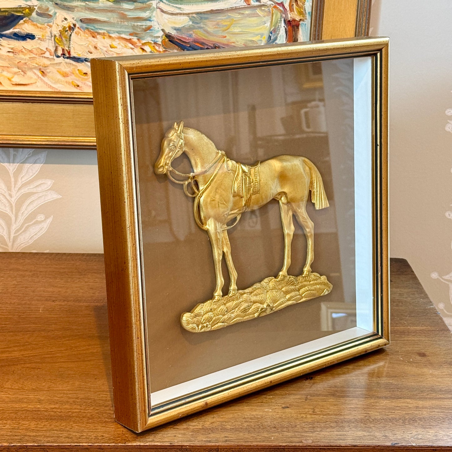 19th Century Antique English Gilt Bronze Ormolu Equine Horse Relief Portrait in Gold Shadowbox
