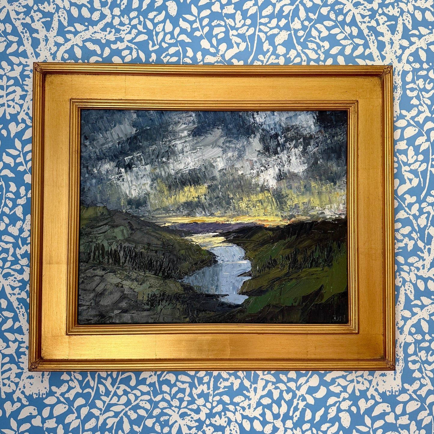 Landscape at Sunset Luminous Impasto Oil Painting in Gold Frame