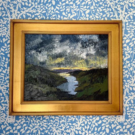 Landscape at Sunset Luminous Impasto Oil Painting in Gold Frame