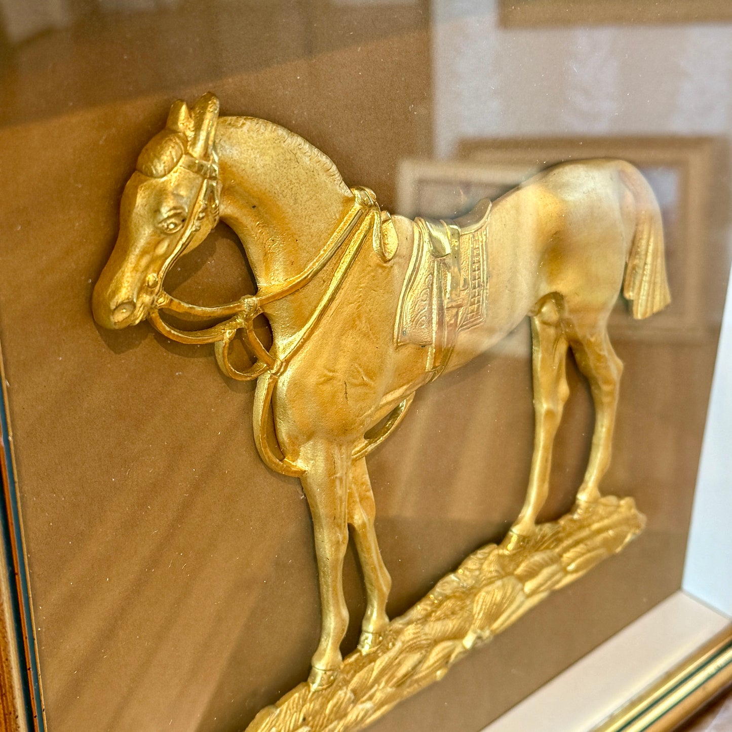 19th Century Antique English Gilt Bronze Ormolu Equine Horse Relief Portrait in Gold Shadowbox