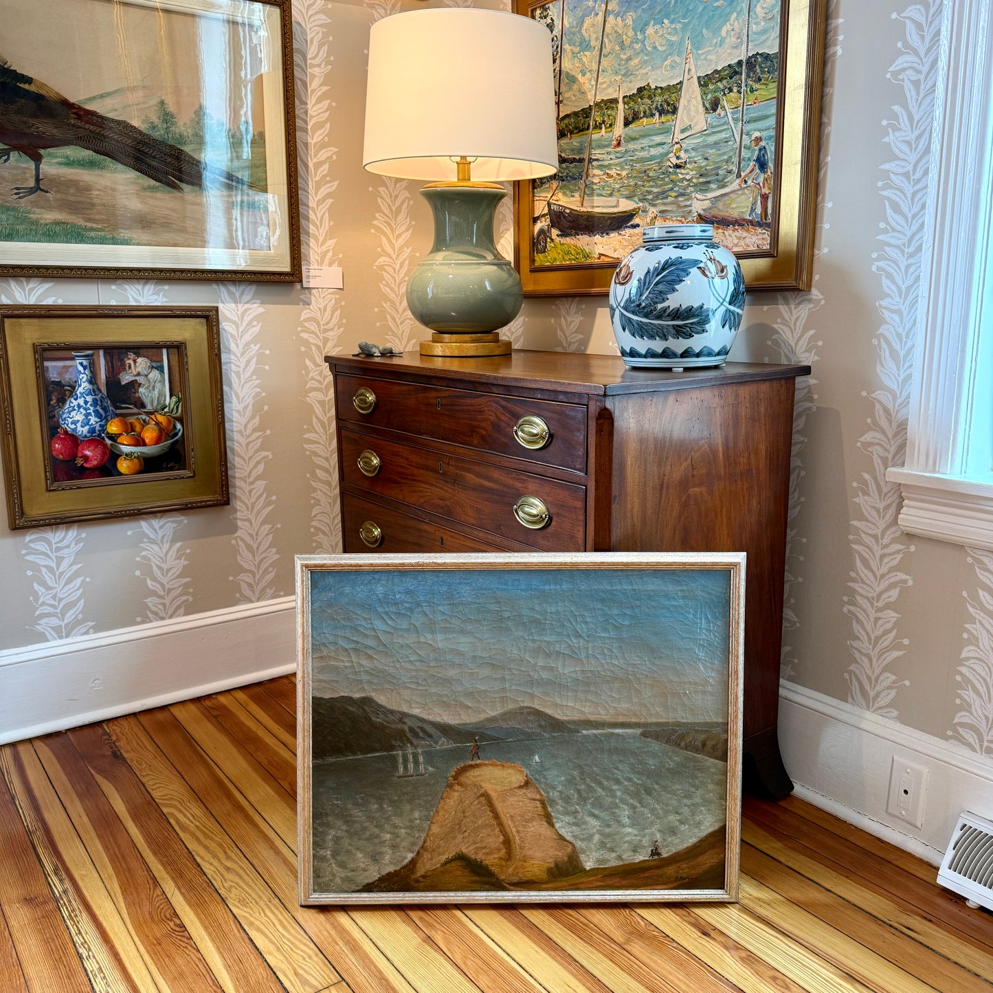 19th Century American River Landscape with Native Americans an Tall Ships Oil Painting in Silver Frame