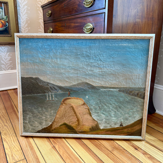 19th Century American River Landscape with Native Americans an Tall Ships Oil Painting in Silver Frame