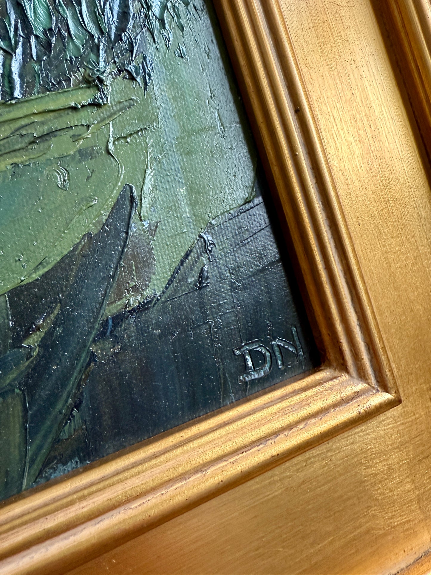 Landscape at Sunset Luminous Impasto Oil Painting in Gold Frame