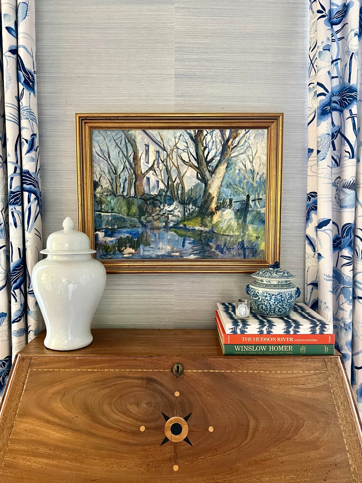 June Bevan "Blue Water" Landscape Oil Painting in Gold Frame