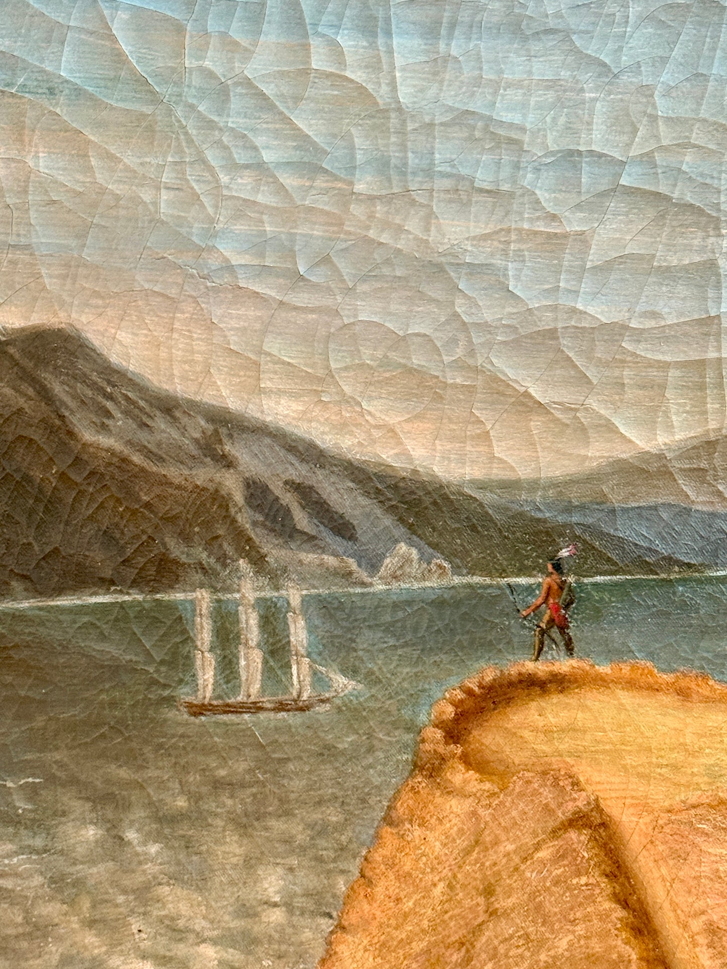 19th Century American River Landscape with Native Americans an Tall Ships Oil Painting in Silver Frame