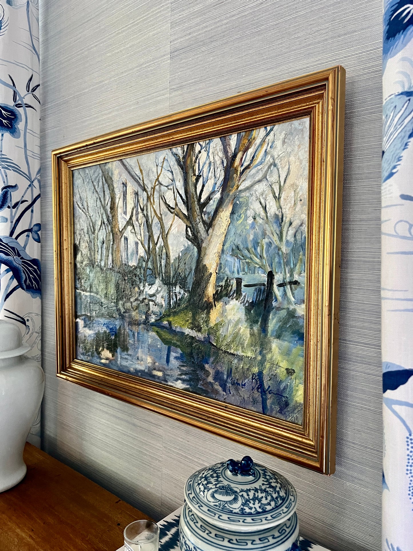 June Bevan "Blue Water" Landscape Oil Painting in Gold Frame
