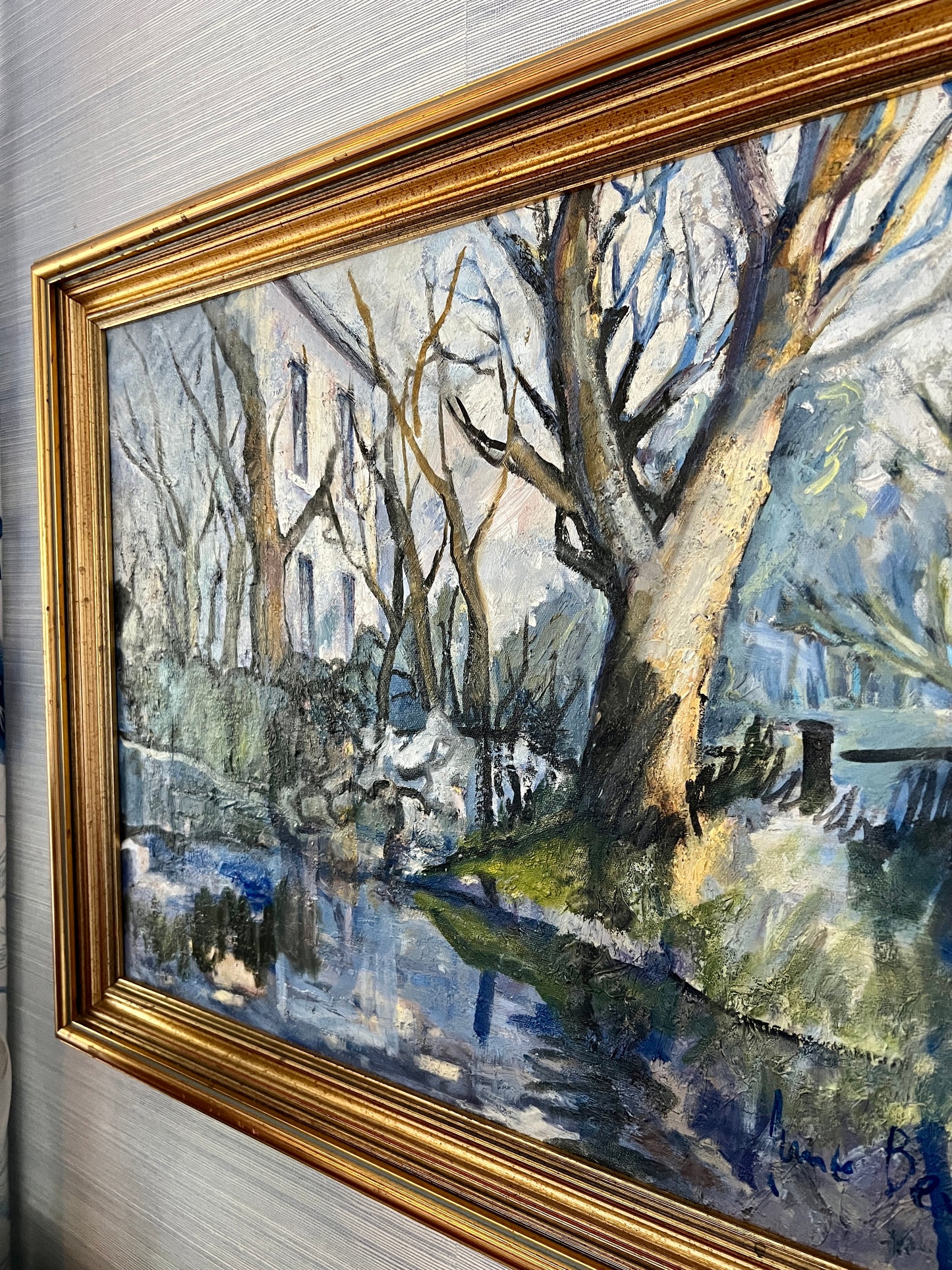 June Bevan "Blue Water" Landscape Oil Painting in Gold Frame