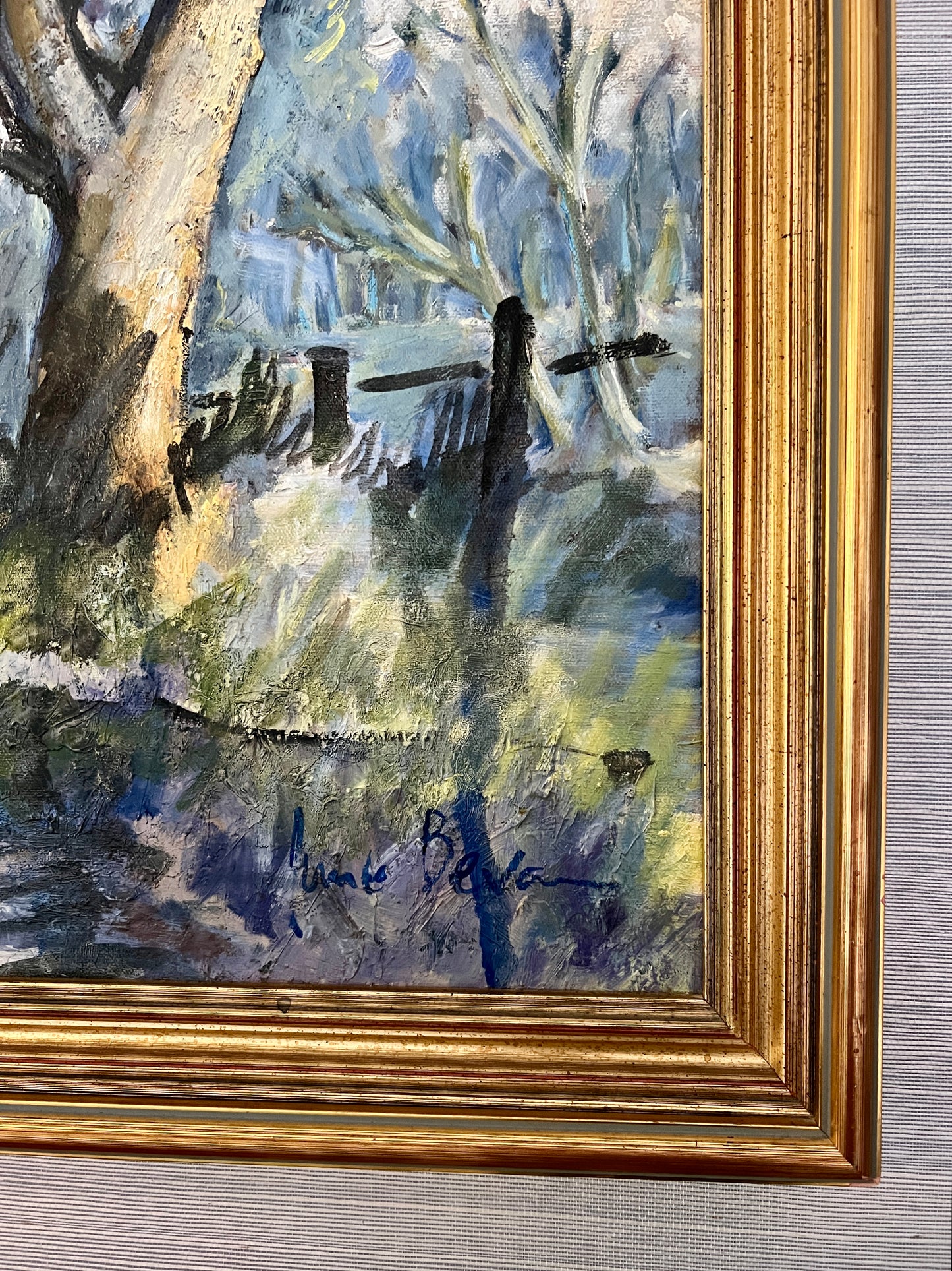 June Bevan "Blue Water" Landscape Oil Painting in Gold Frame