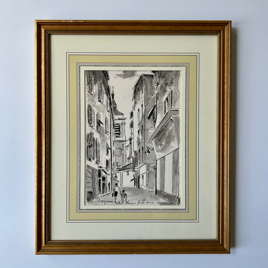 Vintage French Ink Painting Mother and Child French Cityscape Rue Francis Gallo Nice, France in Gold Frame