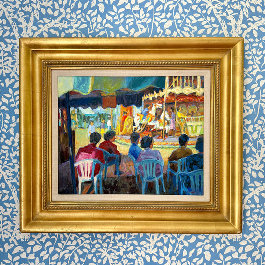 William Michaut La Fete Foraine French Carnival Carousel Scene Oil Painting in Gold Frame