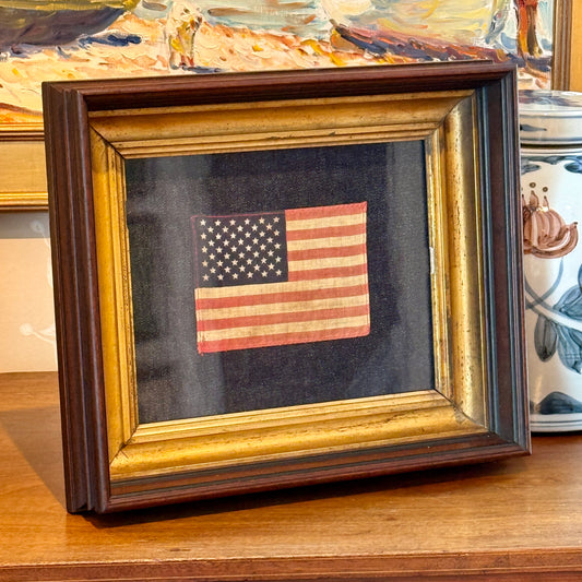50 Star American Flag on Dark Chambray in Deep 19th Century Wood and Gilded Frame