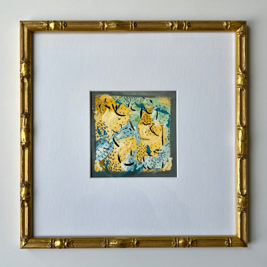 Vintage Colorful Abstract Oil Painting #2 in Light Gold Bamboo Frame