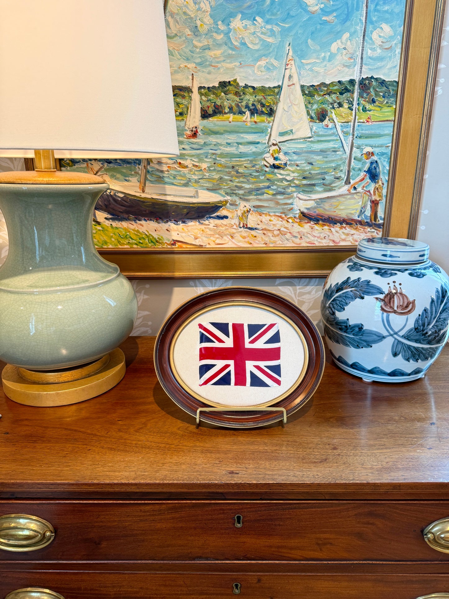 Union Jack Parade Flag on Ivory Twill in Antique Oval Wood Frame