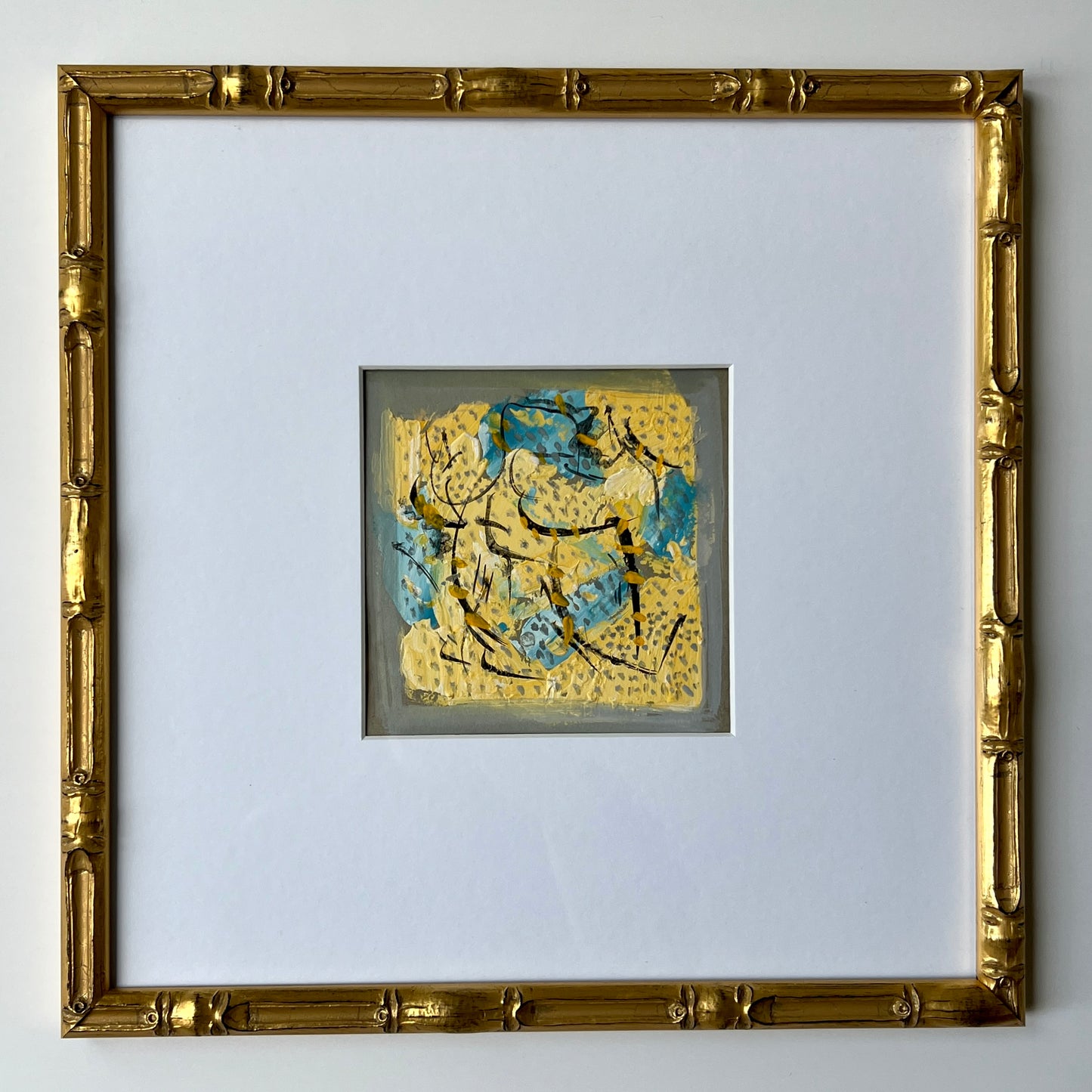 Vintage Colorful Abstract Oil Painting #3 in Light Gold Bamboo Frame