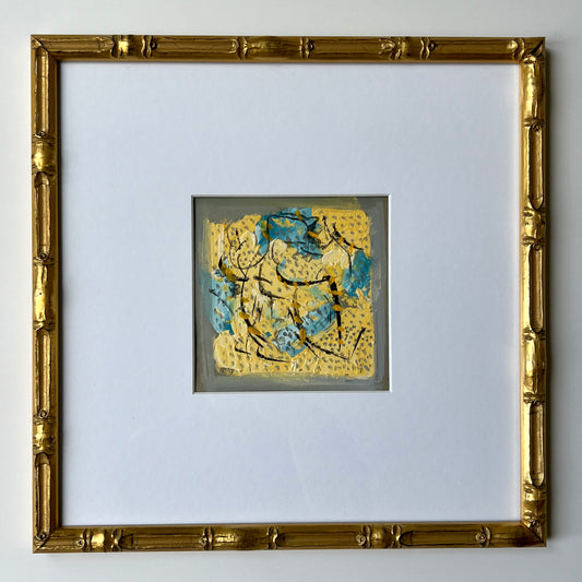 Vintage Colorful Abstract Oil Painting #3 in Light Gold Bamboo Frame