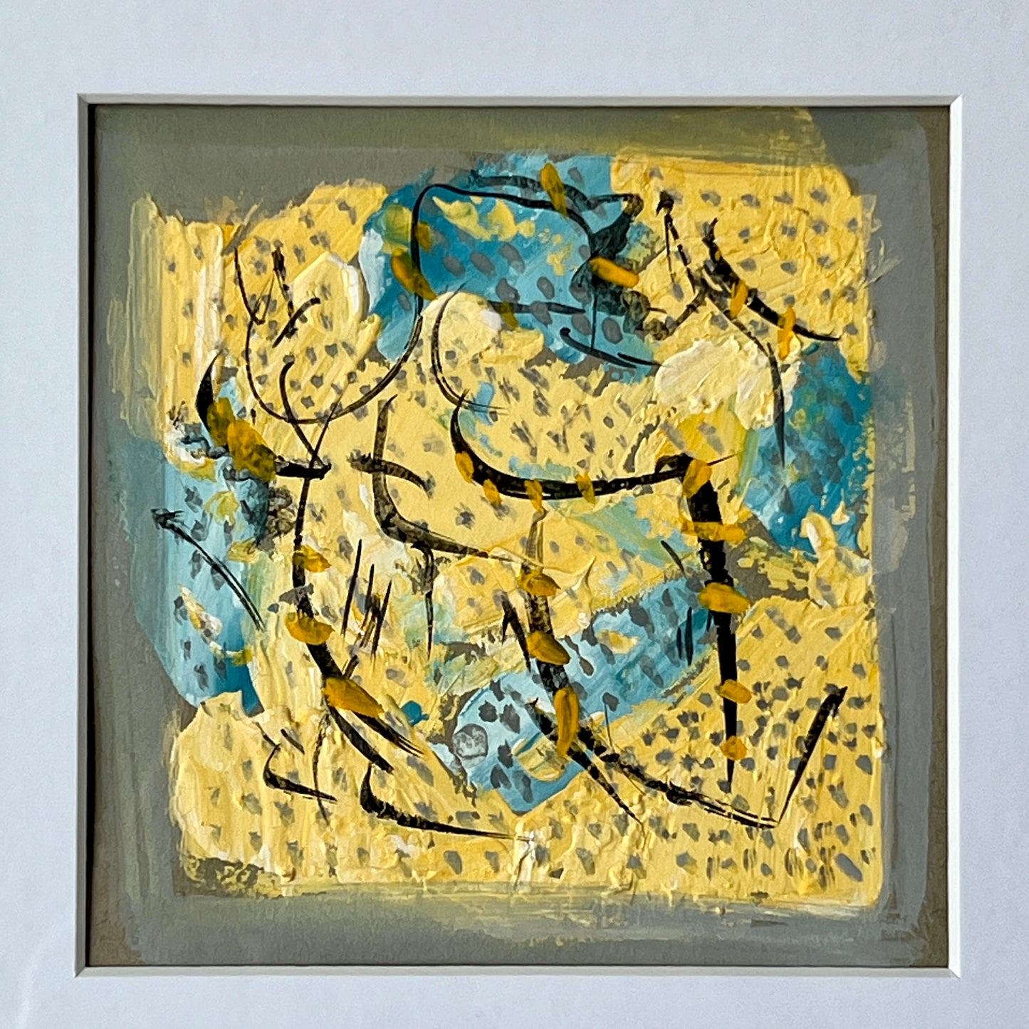 Vintage Colorful Abstract Oil Painting #3 in Light Gold Bamboo Frame