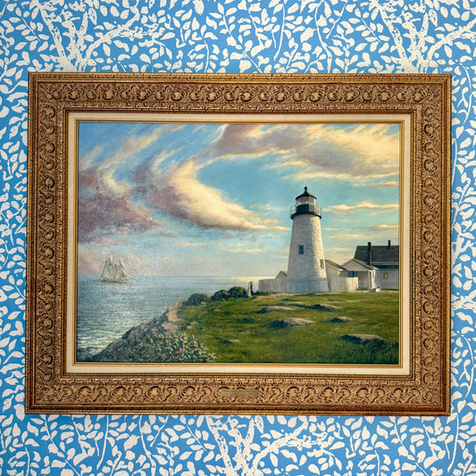 Frank Morton Pemaquid Point Lighthouse, Bristol, ME Oil Painting in Ornate Gold Frame