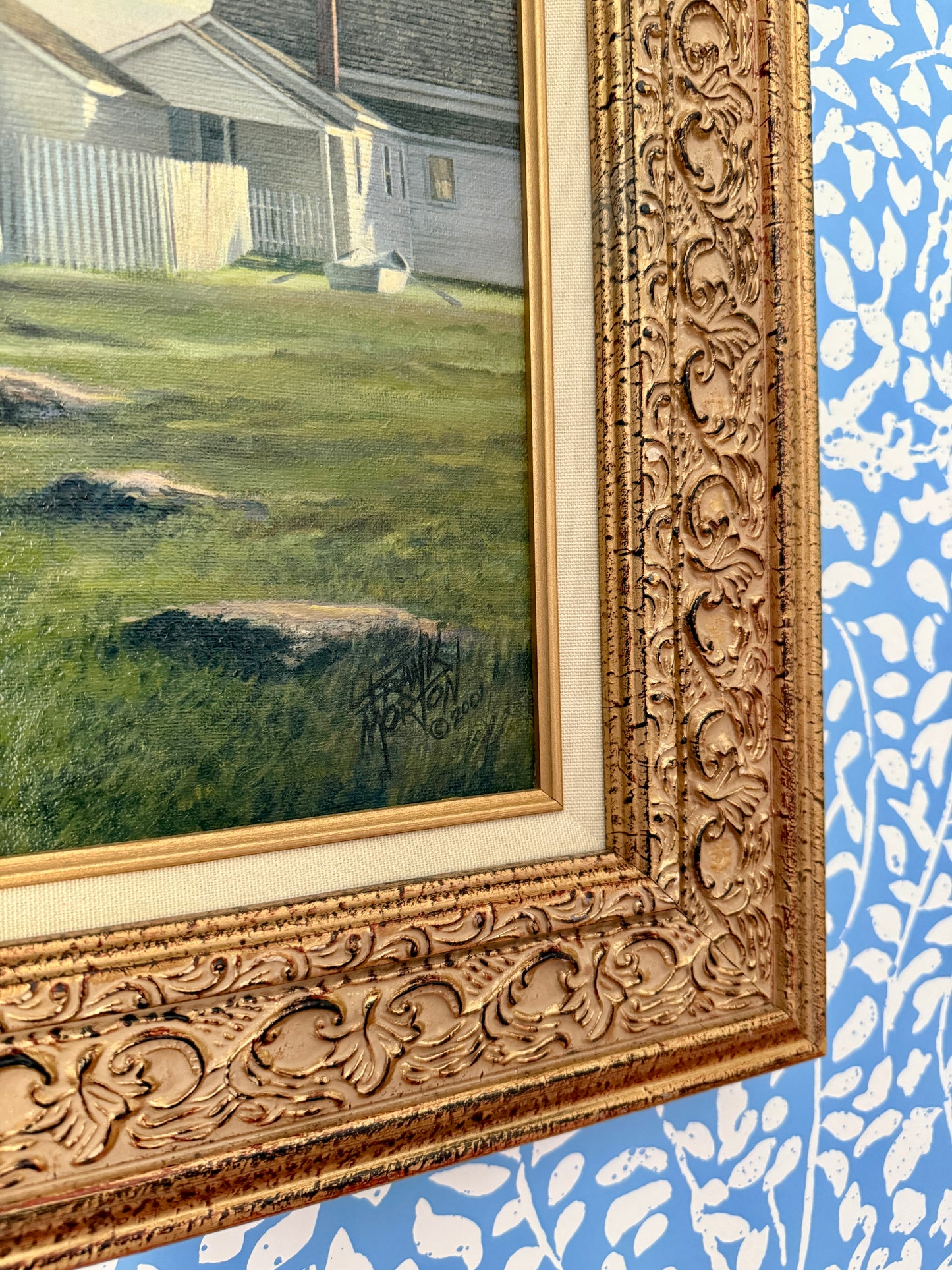 Frank Morton Pemaquid Point Lighthouse, Bristol, ME Oil Painting in Ornate Gold Frame