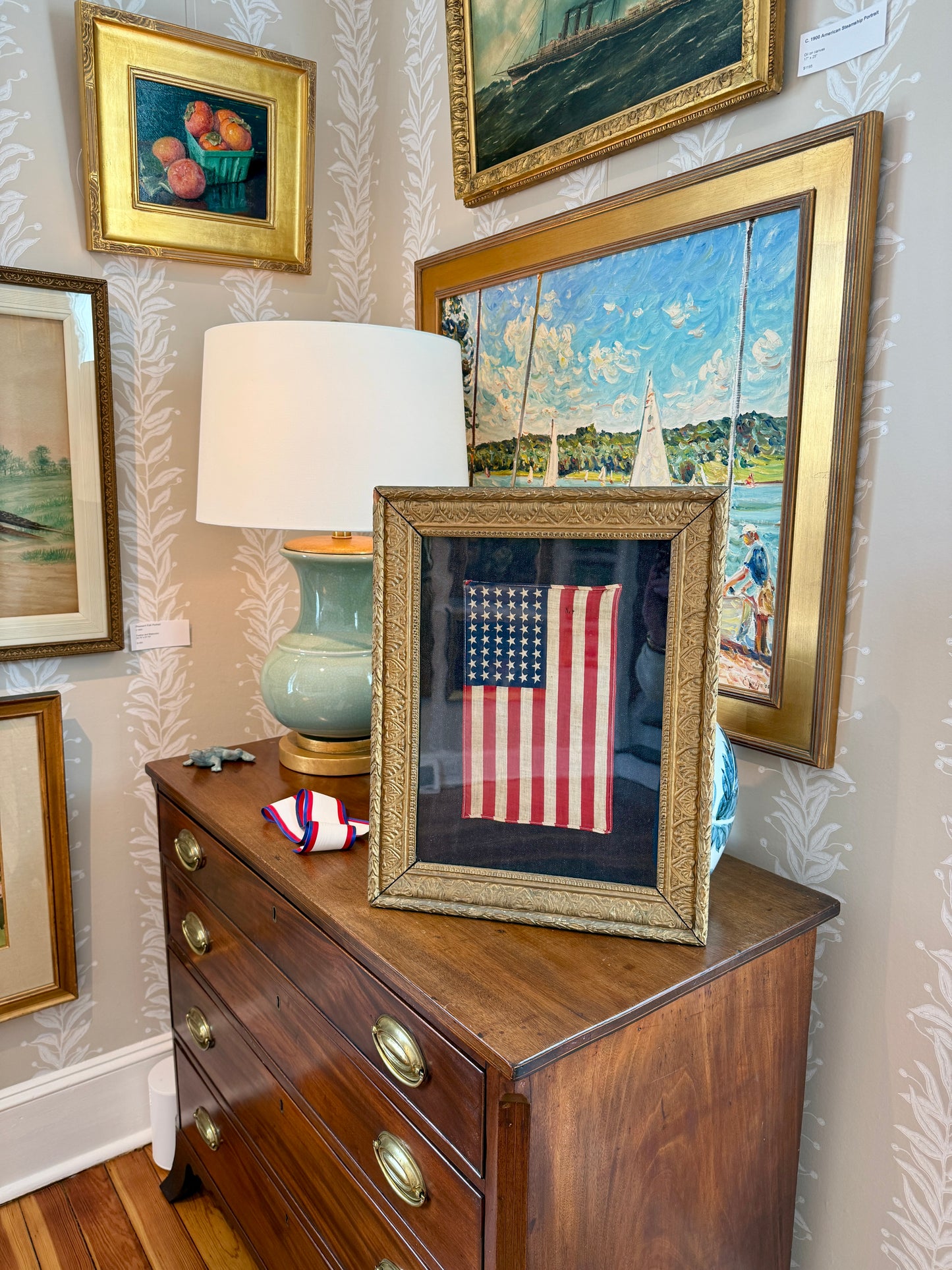 Vintage 48 Star American Flag Vertically Hung on Ivory Twill in Navy Chambray in Antique Gilded Frame
