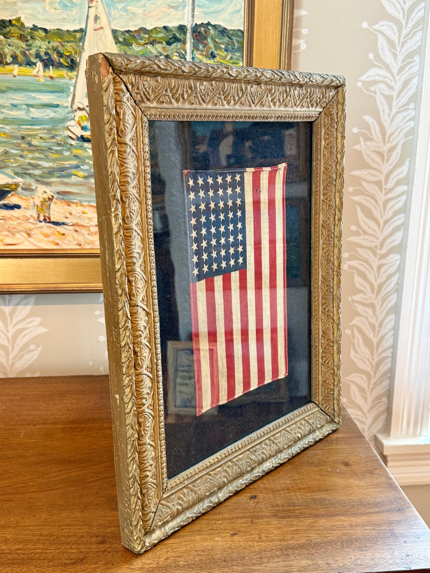 Vintage 48 Star American Flag Vertically Hung on Ivory Twill in Navy Chambray in Antique Gilded Frame