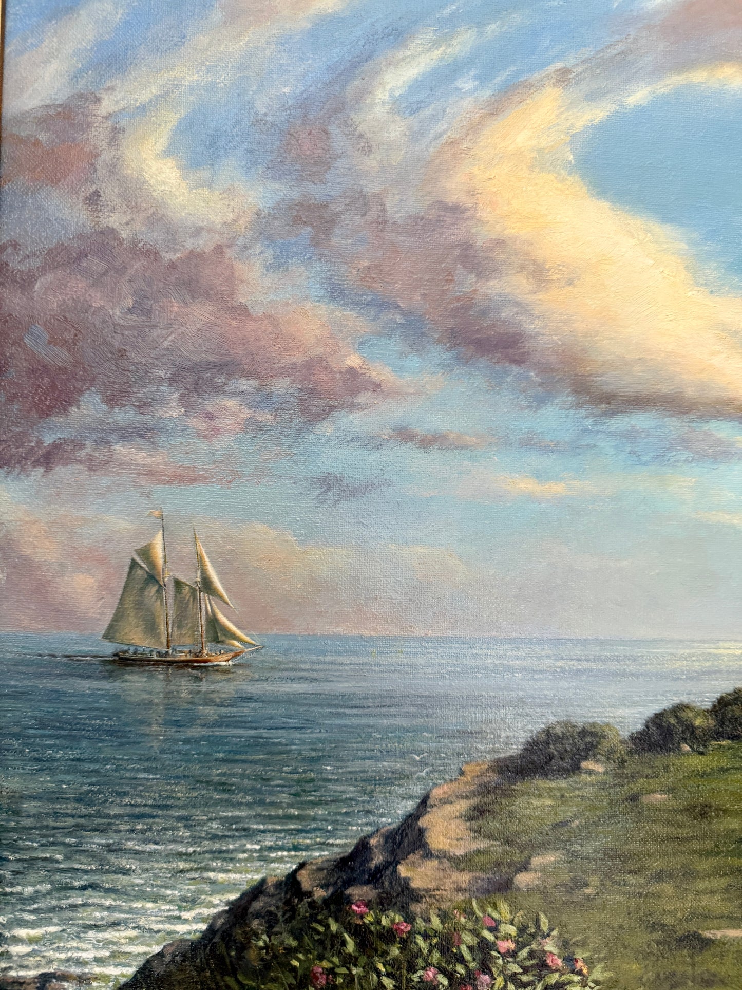 Frank Morton Pemaquid Point Lighthouse, Bristol, ME Oil Painting in Ornate Gold Frame