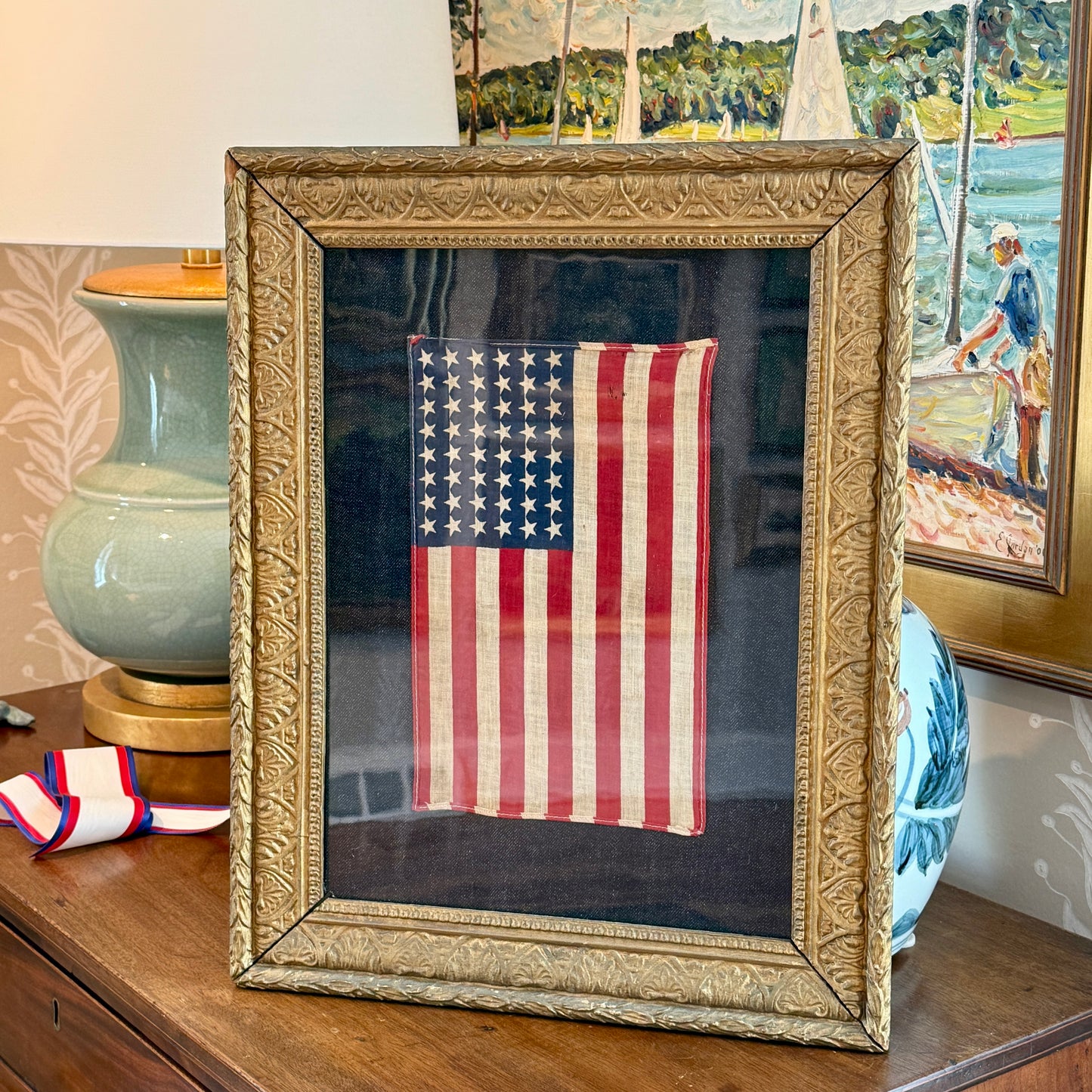 Vintage 48 Star American Flag Vertically Hung on Ivory Twill in Navy Chambray in Antique Gilded Frame