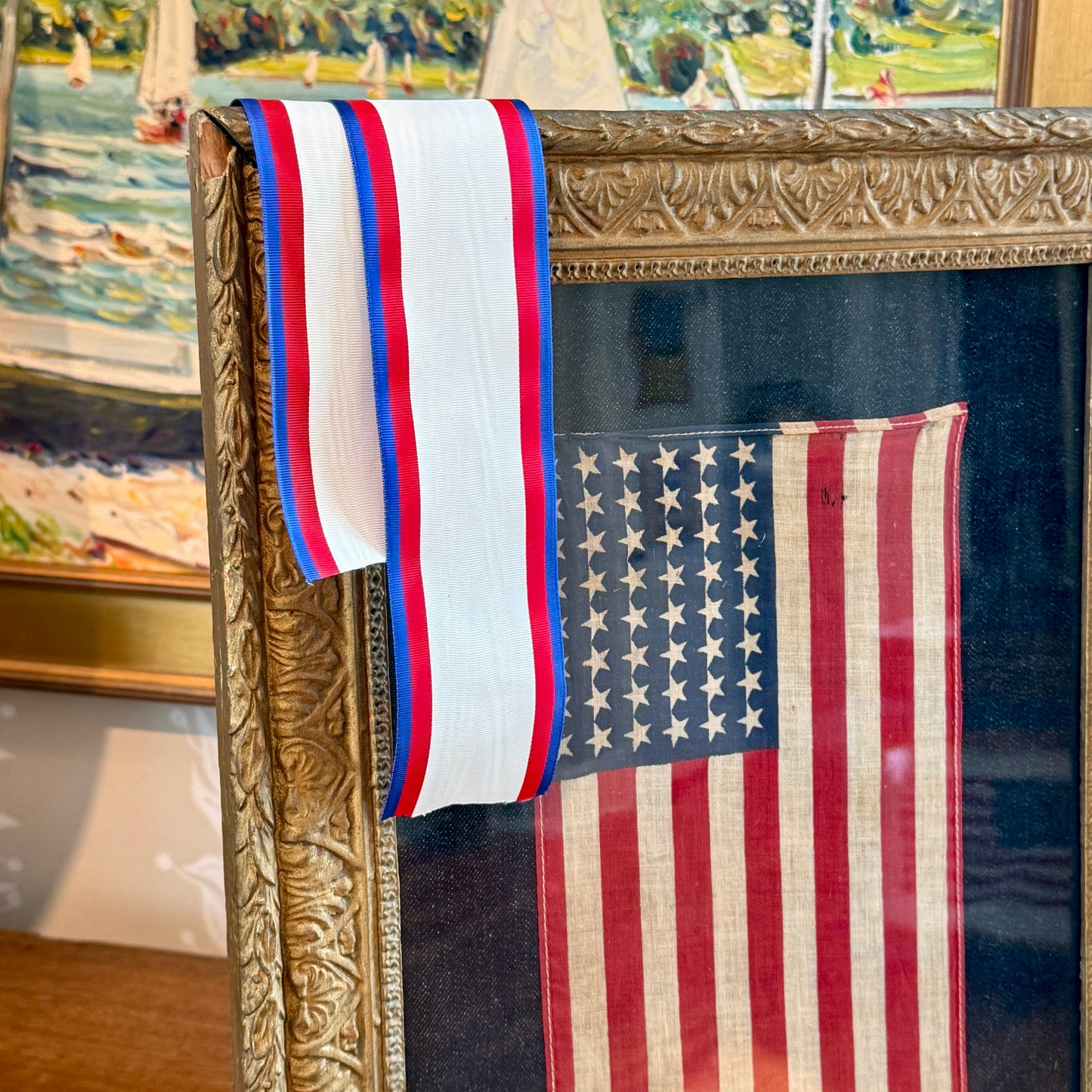 Vintage 48 Star American Flag Vertically Hung on Ivory Twill in Navy Chambray in Antique Gilded Frame