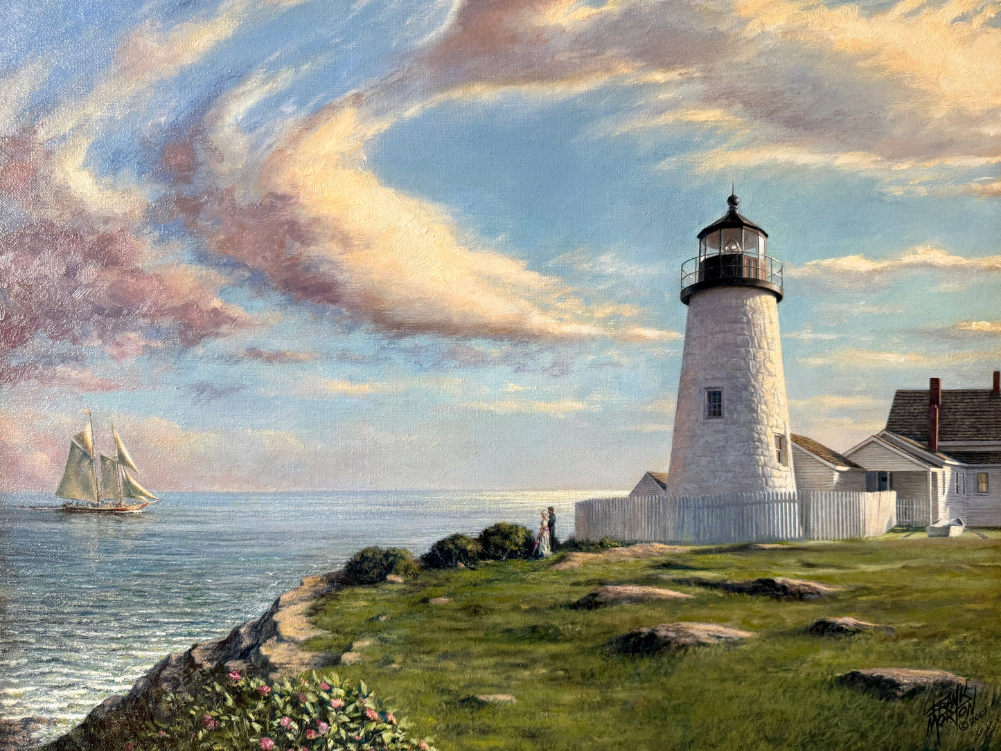 Frank Morton Pemaquid Point Lighthouse, Bristol, ME Oil Painting in Ornate Gold Frame
