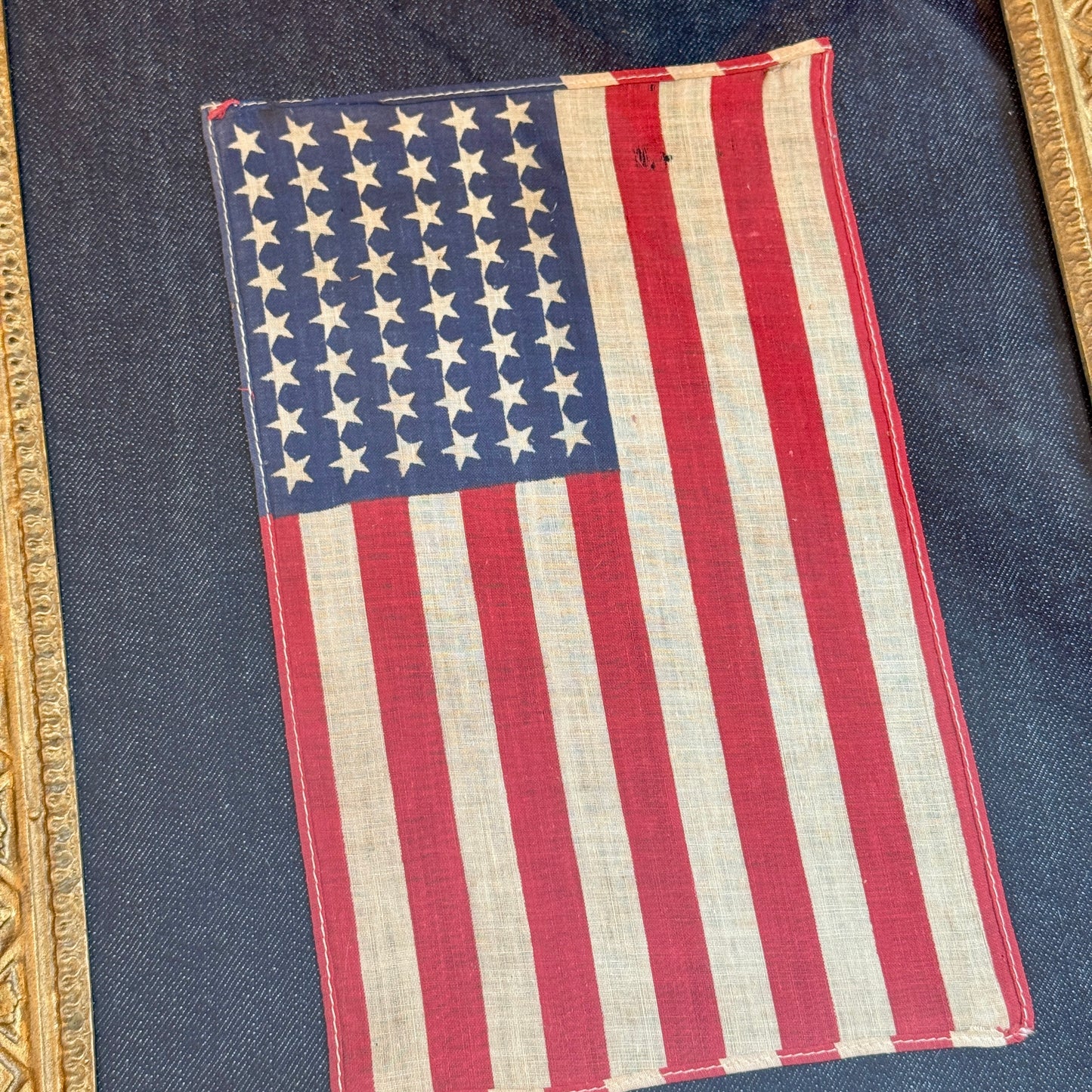 Vintage 48 Star American Flag Vertically Hung on Ivory Twill in Navy Chambray in Antique Gilded Frame