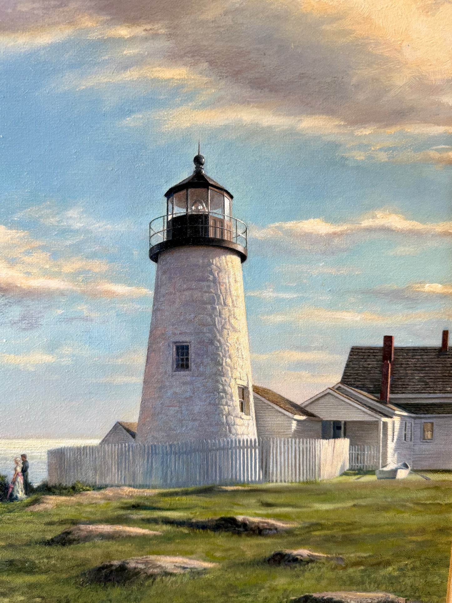 Frank Morton Pemaquid Point Lighthouse, Bristol, ME Oil Painting in Ornate Gold Frame