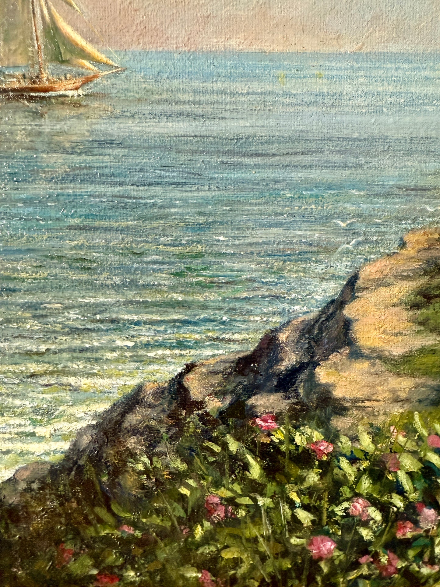 Frank Morton Pemaquid Point Lighthouse, Bristol, ME Oil Painting in Ornate Gold Frame