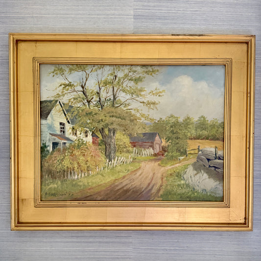 Vintage Blue Skied Country Landscape with White Farmhouse in Gold Frame