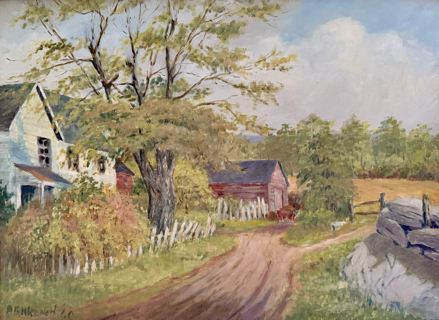 Vintage Blue Skied Country Landscape with White Farmhouse in Gold Frame