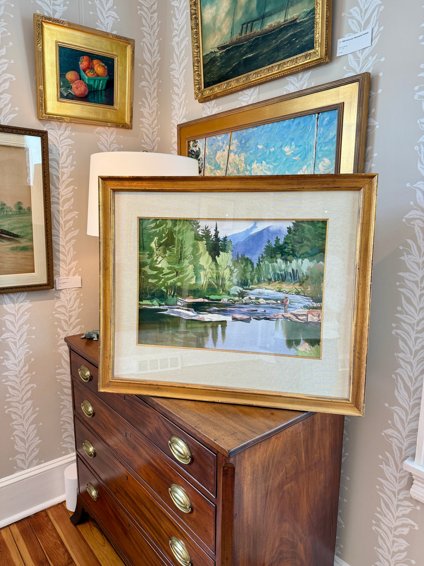 C.D. Clarke Fisherman in American Landscape Fly Fishing Watercolor Painting in Gold Frame