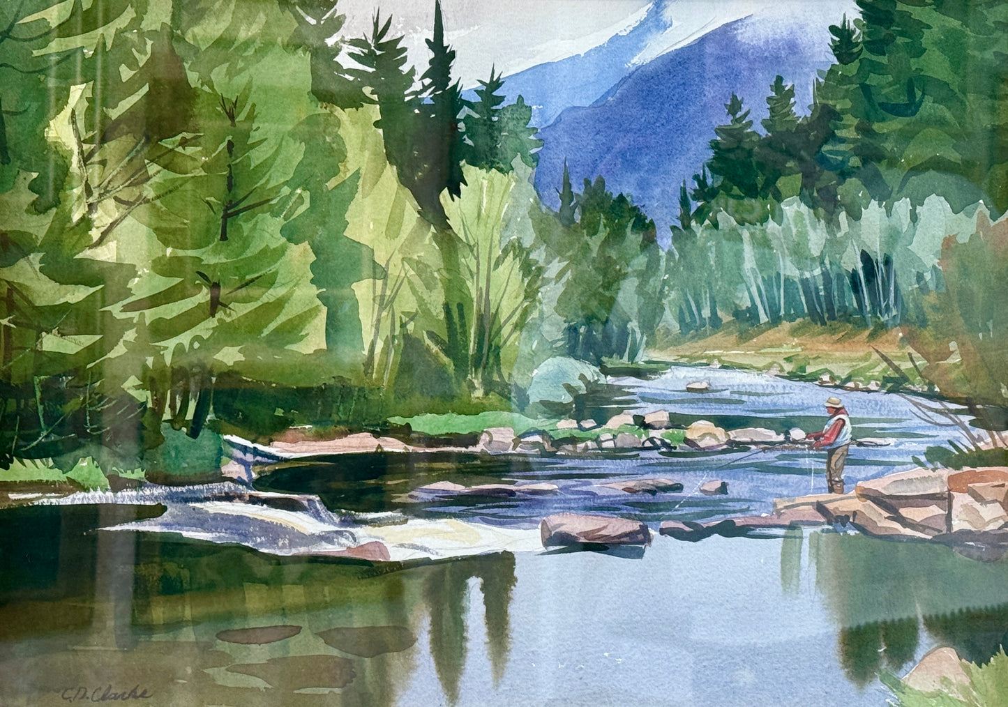 C.D. Clarke Fisherman in American Landscape Fly Fishing Watercolor Painting in Gold Frame