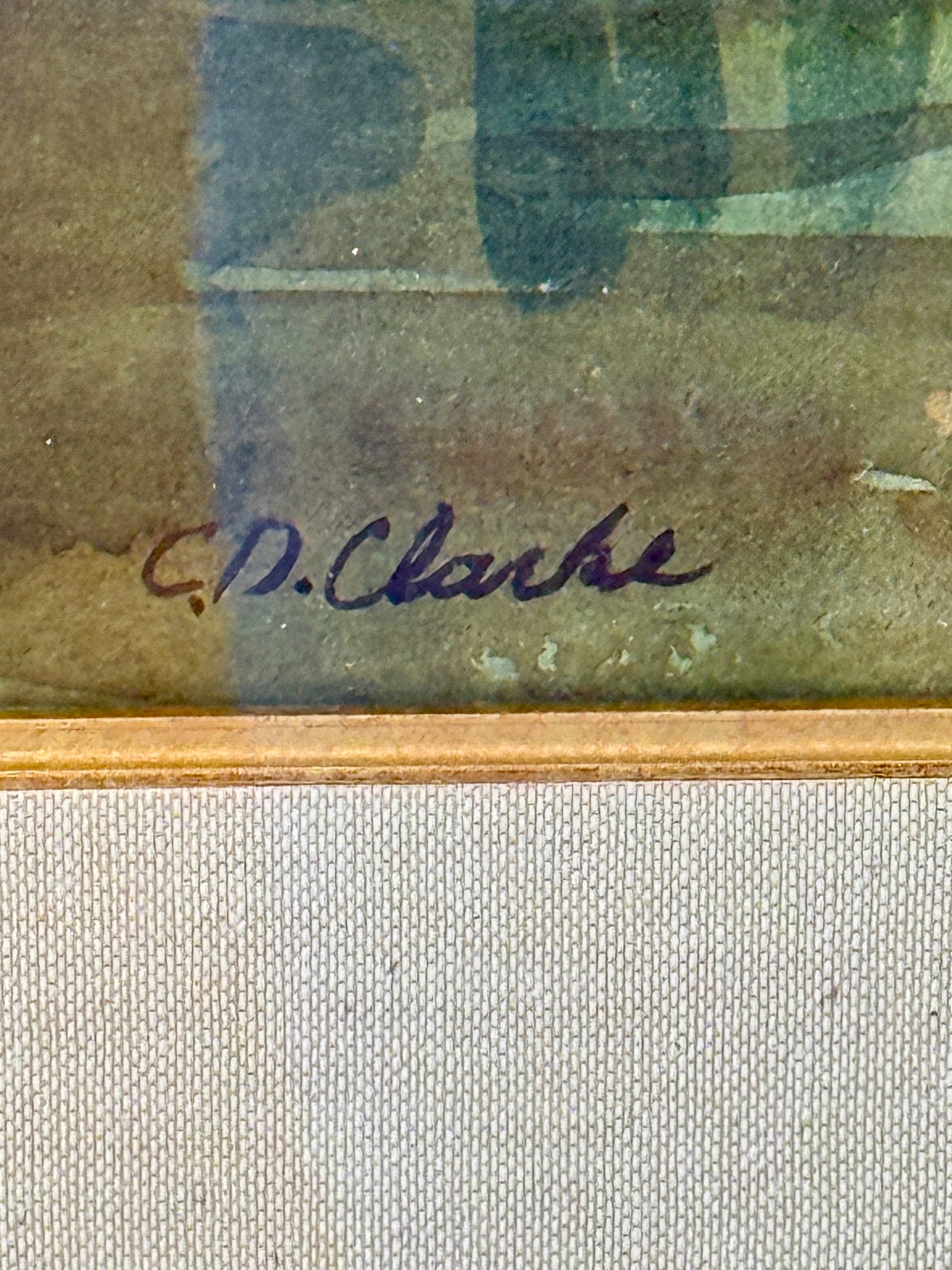 C.D. Clarke Fisherman in American Landscape Fly Fishing Watercolor Painting in Gold Frame