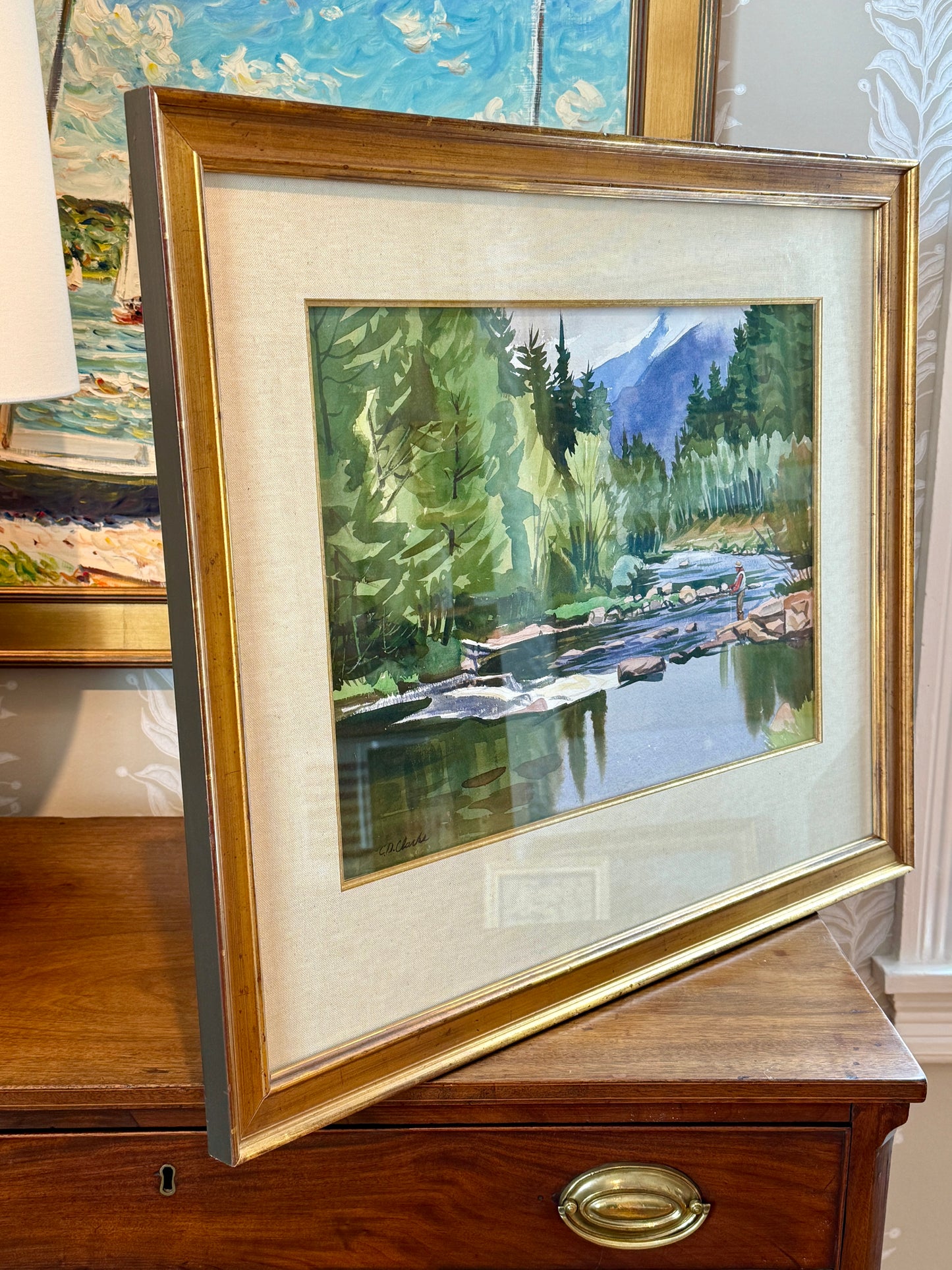 C.D. Clarke Fisherman in American Landscape Fly Fishing Watercolor Painting in Gold Frame