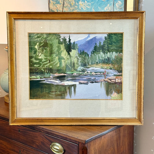 C.D. Clarke Fisherman in American Landscape Fly Fishing Watercolor Painting in Gold Frame