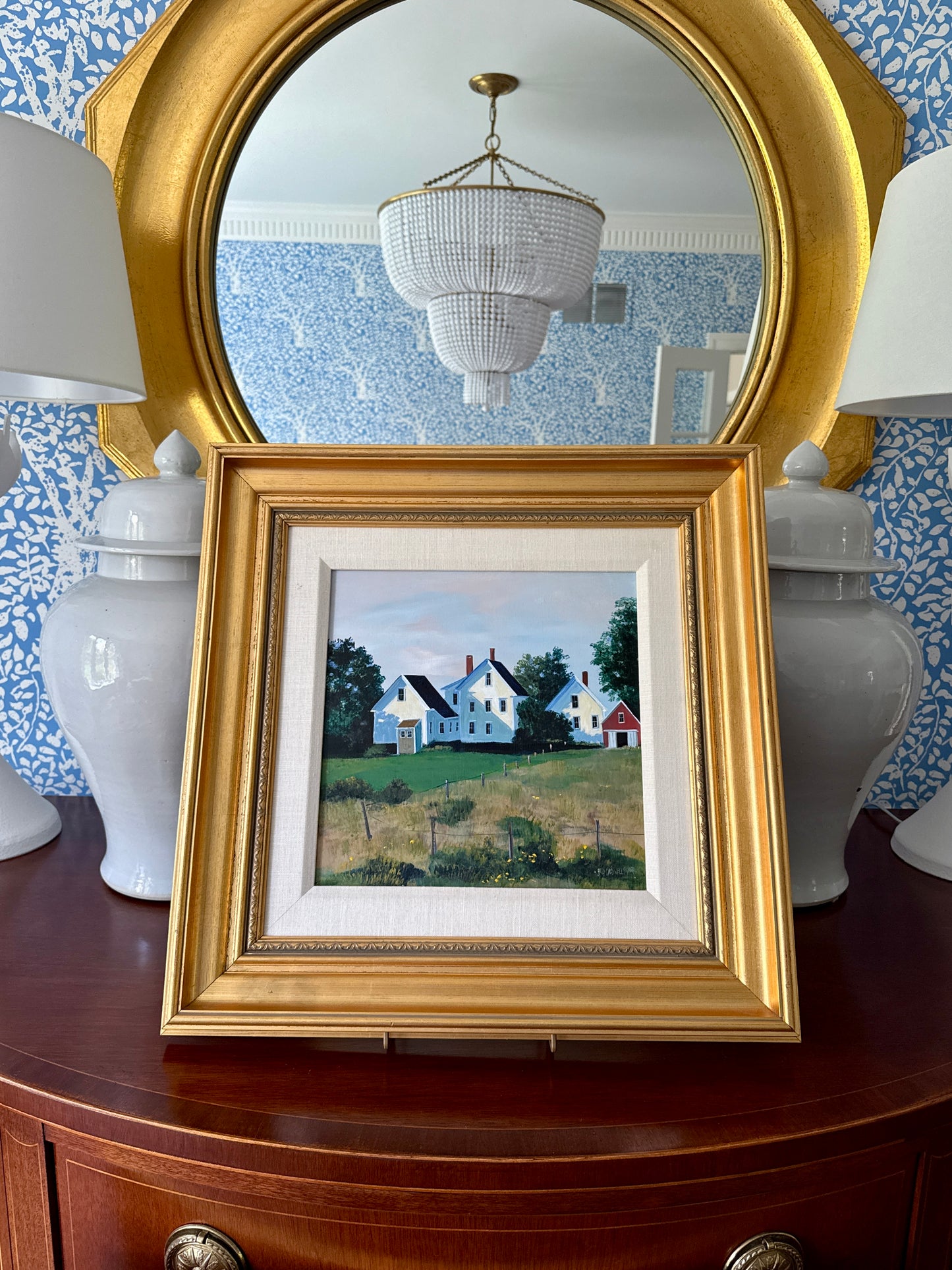 Sally Caldwell Fisher Sproul Farm Houses in Landscape Painting in Gold Frame