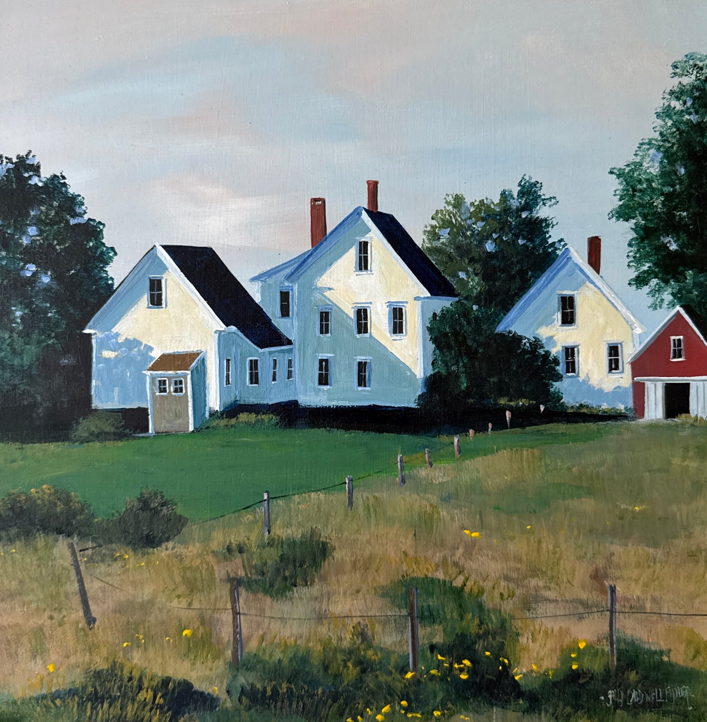 Sally Caldwell Fisher Sproul Farm Houses in Landscape Painting in Gold Frame