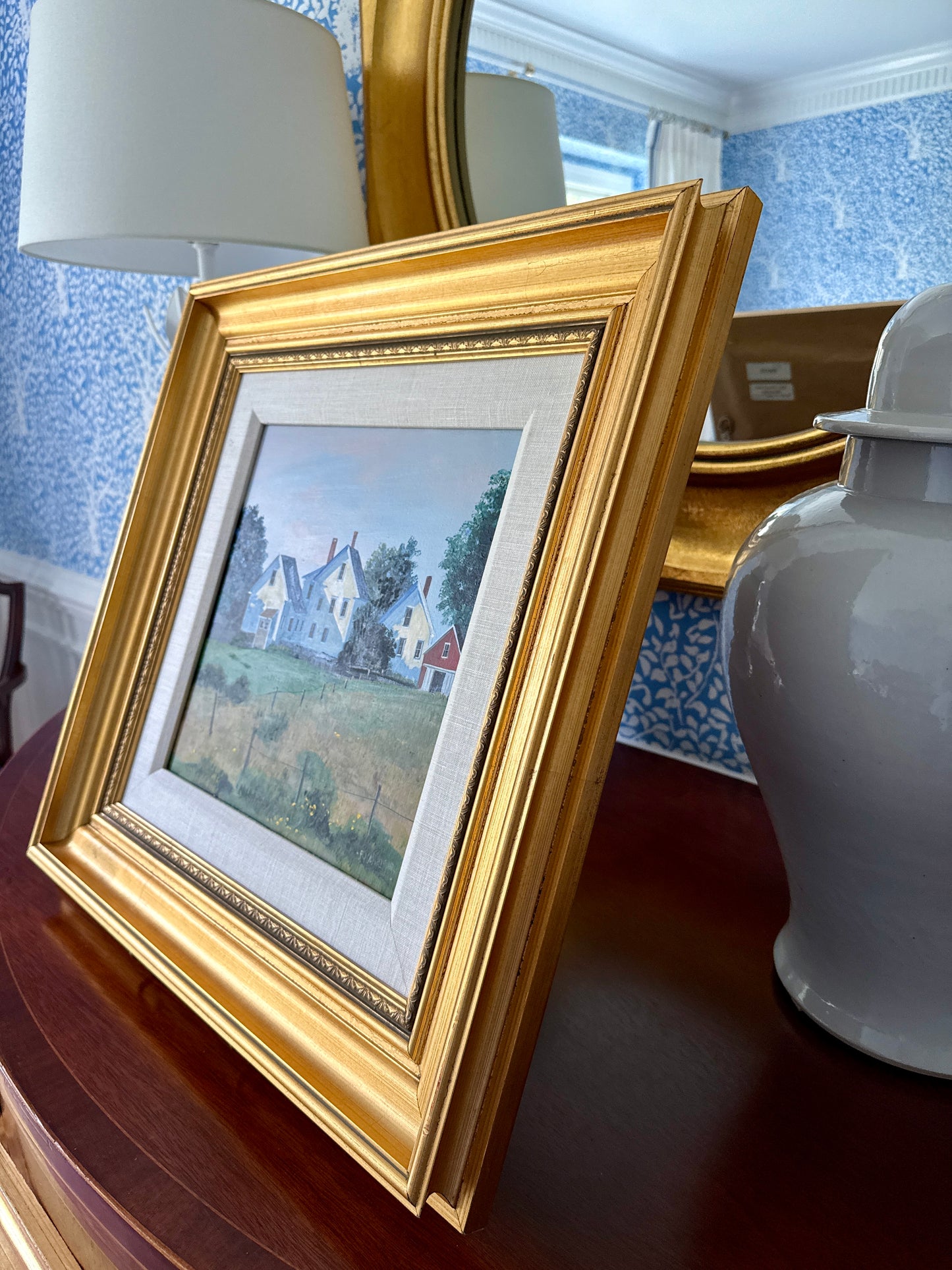 Sally Caldwell Fisher Sproul Farm Houses in Landscape Painting in Gold Frame