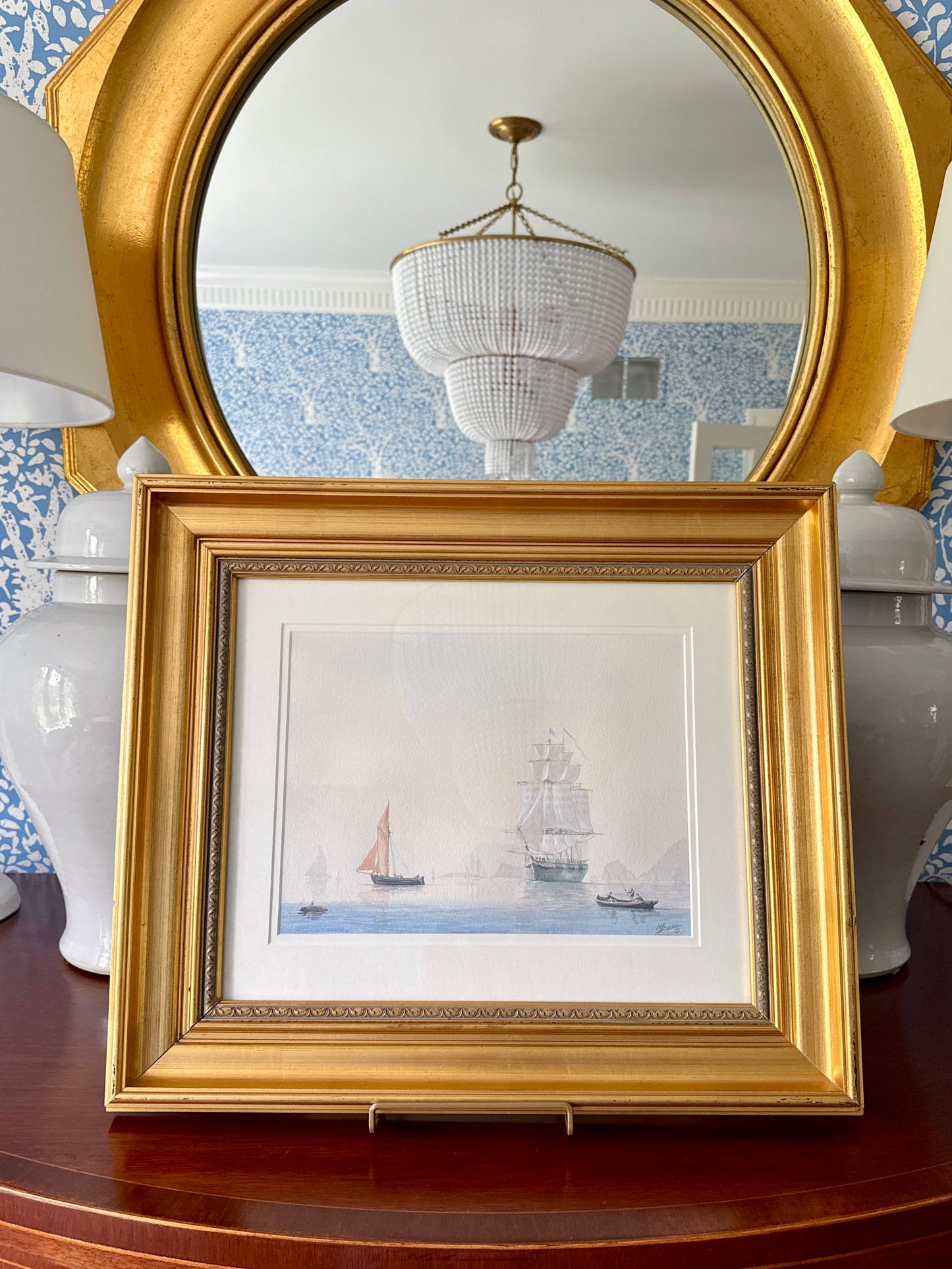 Timothy Thompson Seascape US Merchant Ship on Brittany France Coast Watercolor and Gouache Painting in Gold Frame