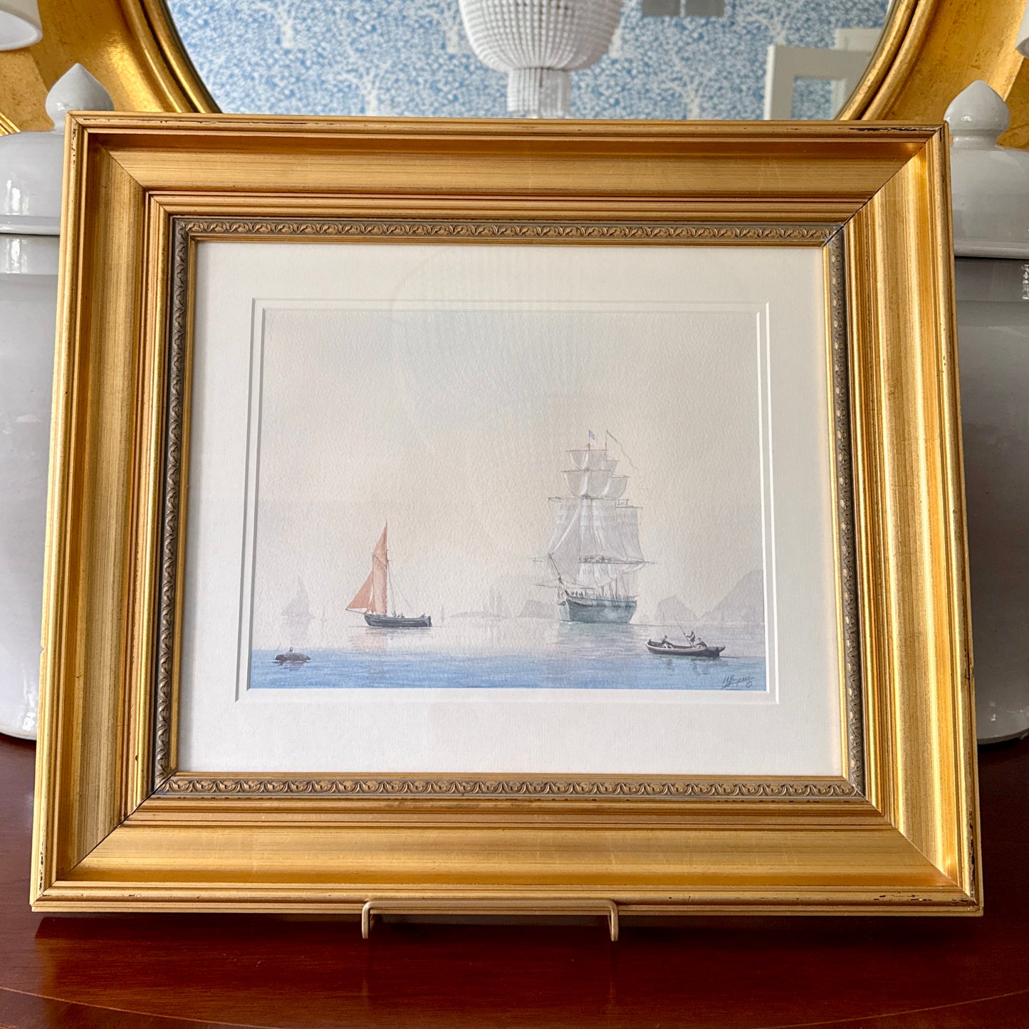 Timothy Thompson Seascape US Merchant Ship on Brittany France Coast Watercolor and Gouache Painting in Gold Frame