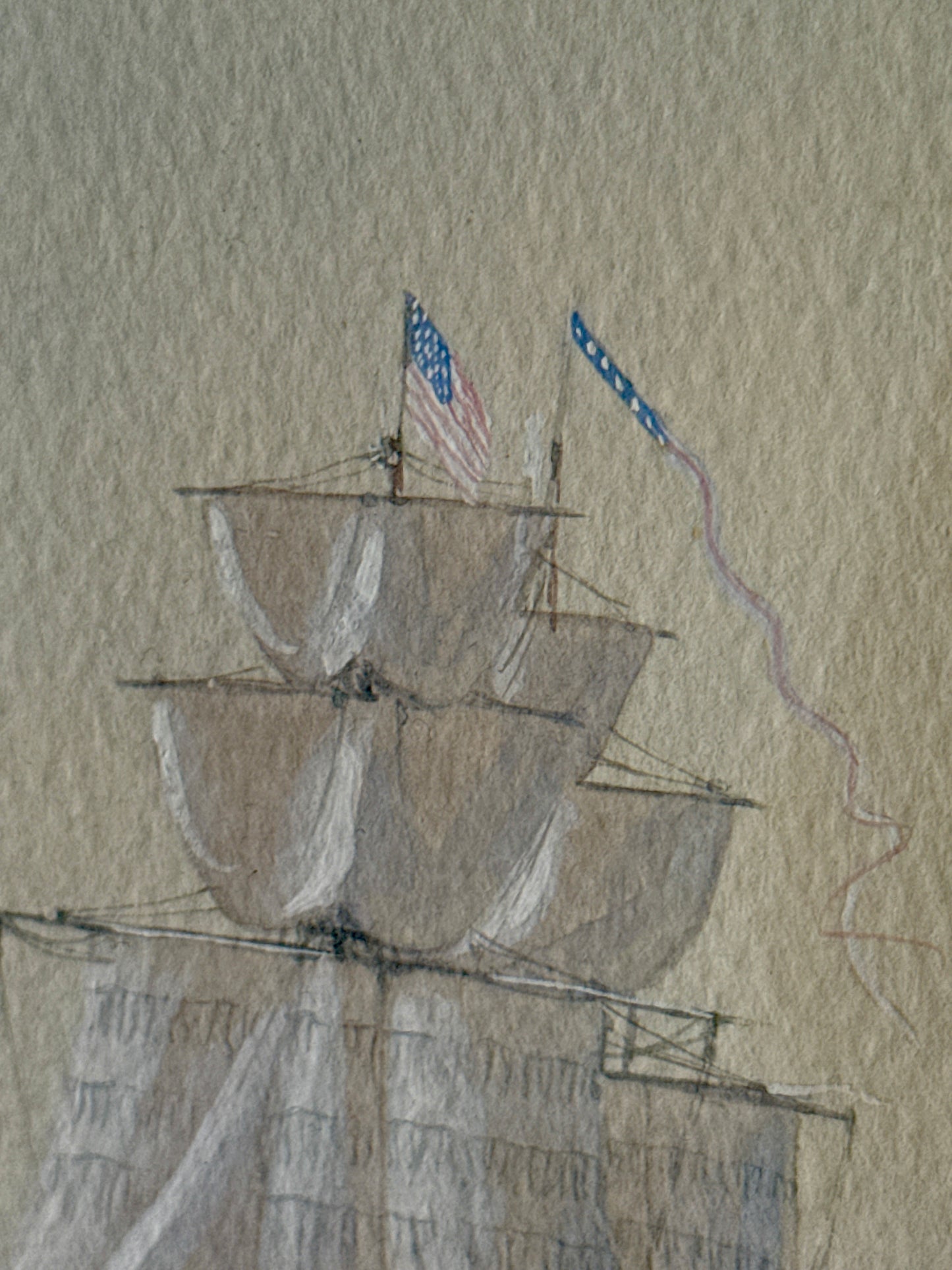 Timothy Thompson Seascape US Merchant Ship on Brittany France Coast Watercolor and Gouache Painting in Gold Frame