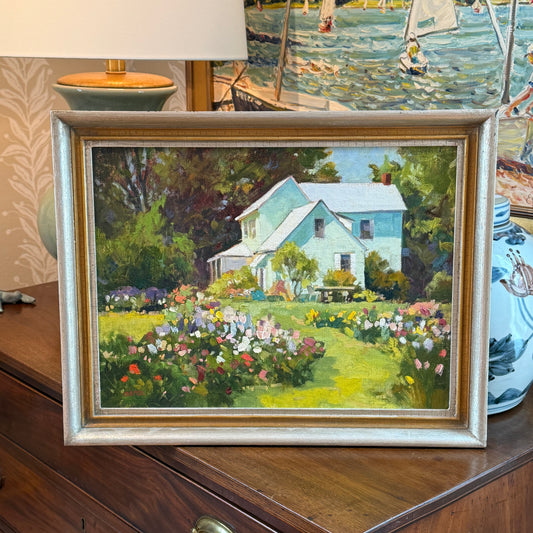 Edward Cooper Among the Flowers House Portrait Oil Painting in Silver and Gold Frame