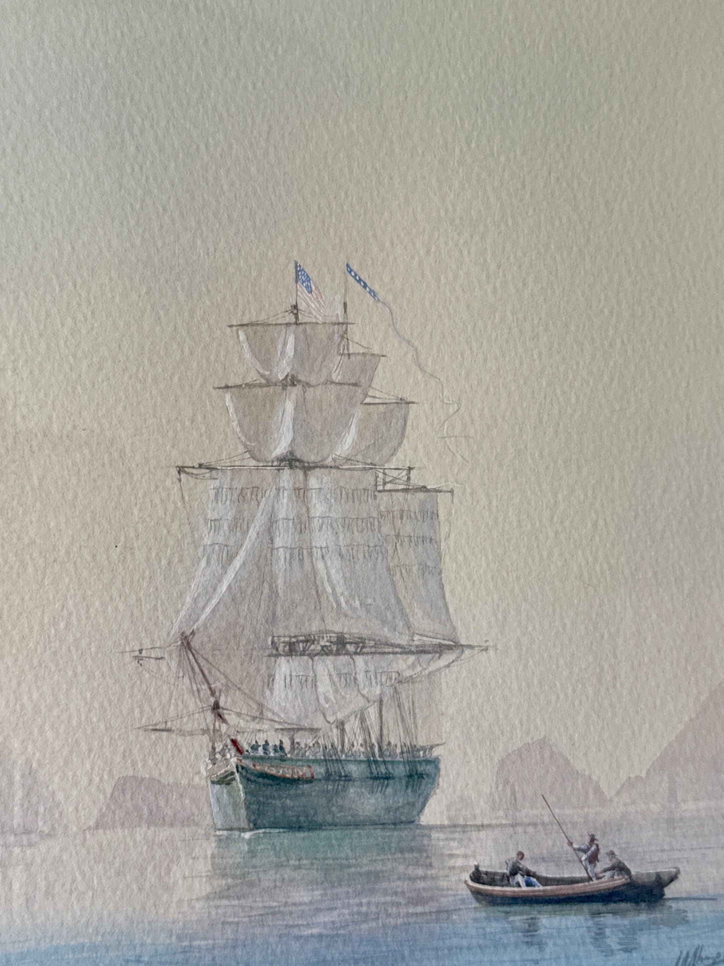Timothy Thompson Seascape US Merchant Ship on Brittany France Coast Watercolor and Gouache Painting in Gold Frame