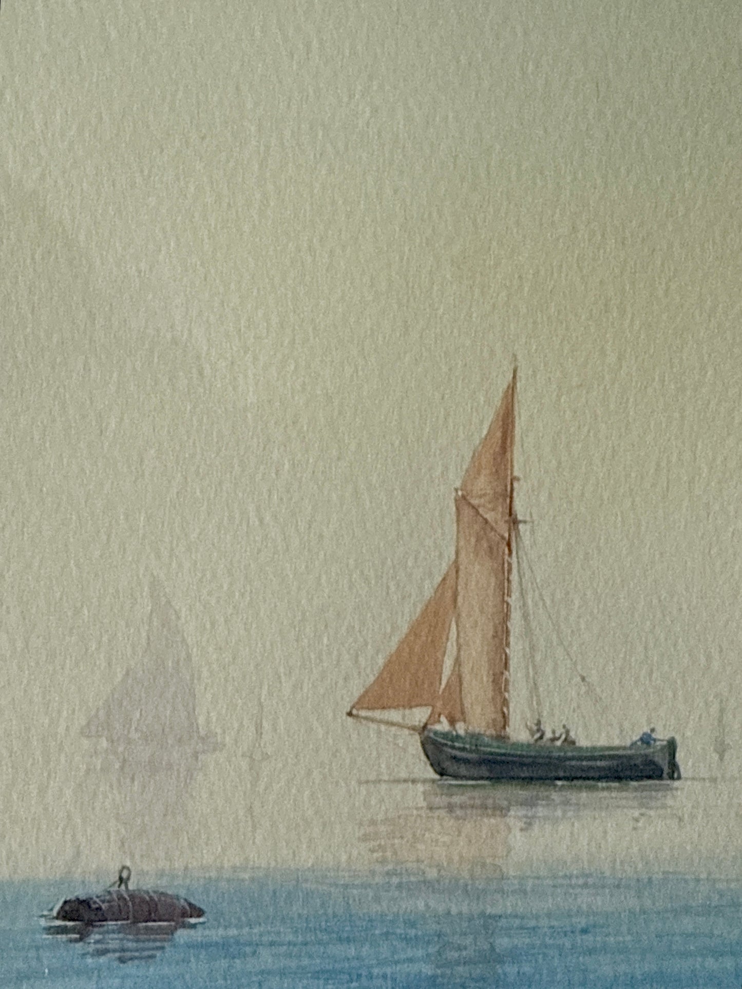 Timothy Thompson Seascape US Merchant Ship on Brittany France Coast Watercolor and Gouache Painting in Gold Frame